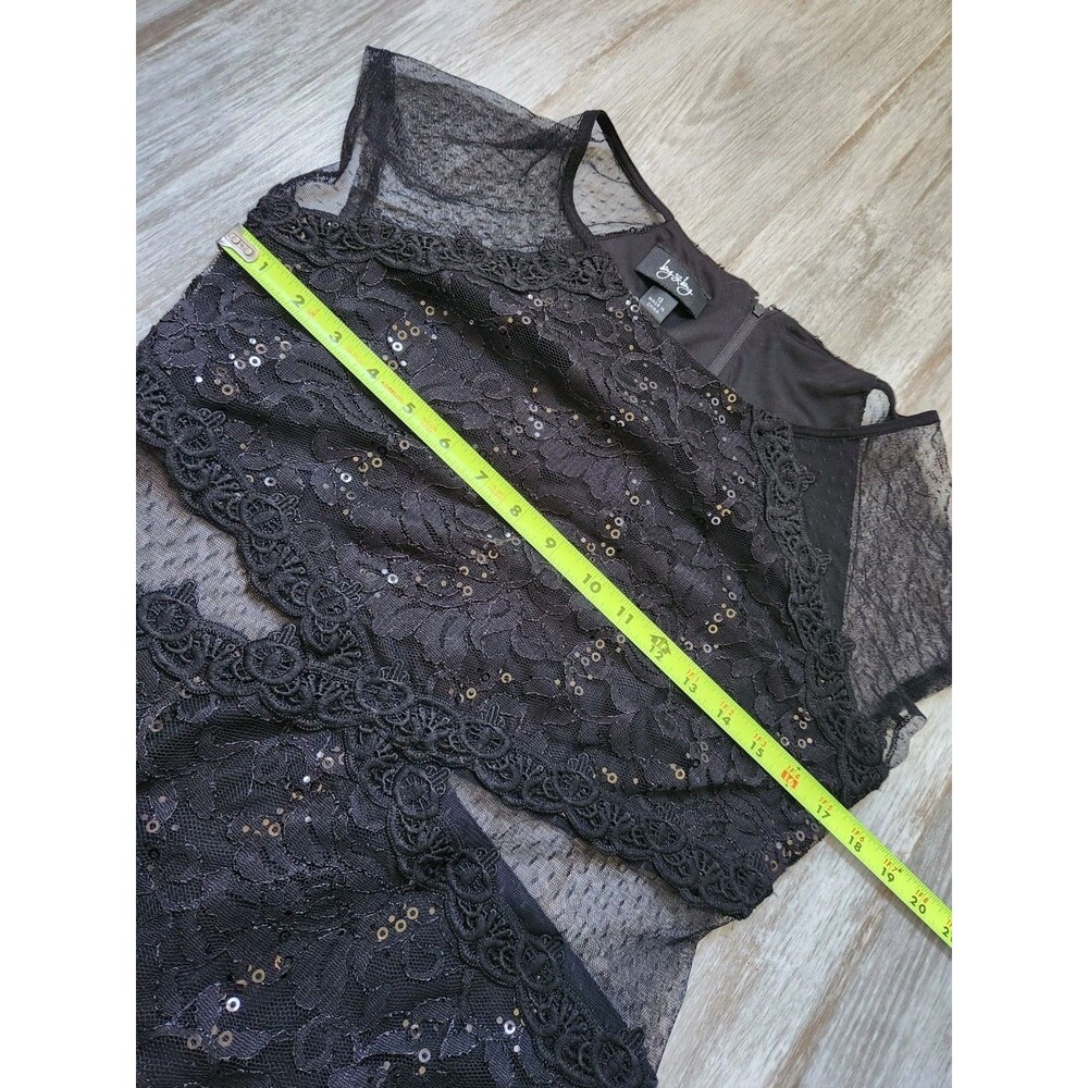By & By Black Sequin Lace Mini Dress Sheer Mesh Cutout Bodycon Sz 13 EUC - Picture 7 of 12